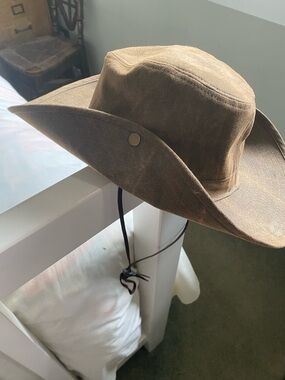 Outback style Alaska Souvenir canvas wide brimmed Hat. Distressed. Adjustable